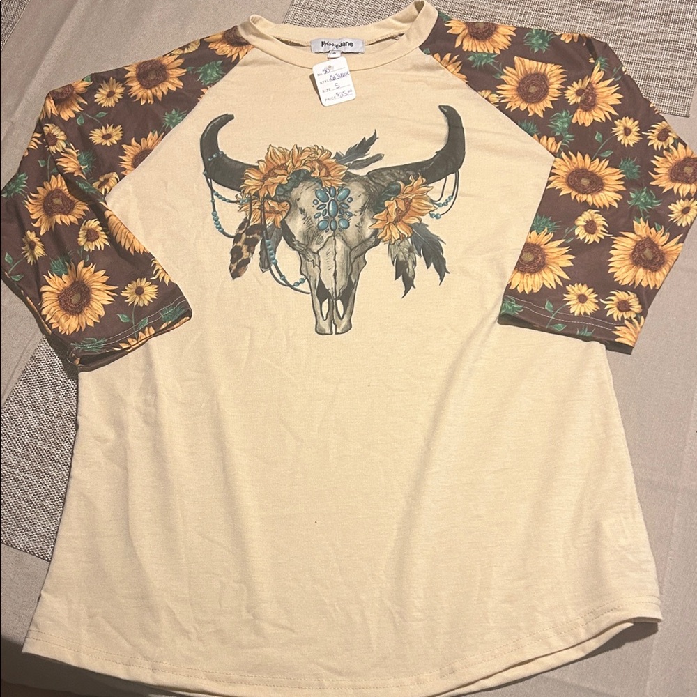 Sunflower Skull Raglan 3/4 Sleeve Tee